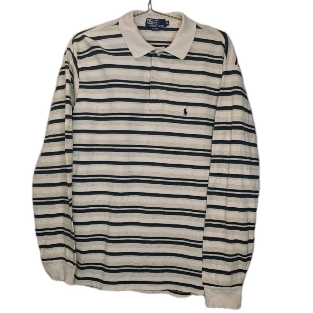 Polo Ralph Lauren Rugby Polo Shirt Men XL Beige Striped Vtg USA Pony Logo L/S